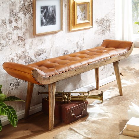 Banc 2 places 125x38x50 cm en cuir et bois de manguier massif (1/4)