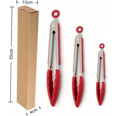 Pinzas para barbacoa - Pinzas y mangos de silicona - Juego de 3 - Resistentes al calor - Pinzas de cocina de acero inoxidable - Rojas (1/5)