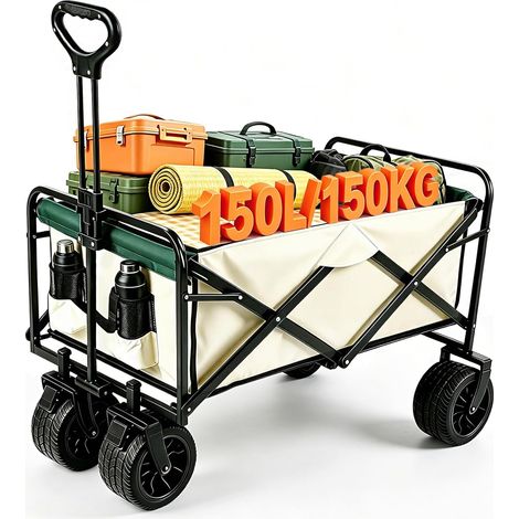 Chariot Pliable 150L 150 kg avec Freins Hors Roue, Beige et Vert  Chariot à main pliable, roues tout-terrain, chariot de transport pour camping, jardin, extérieur, plage et courses (1/5)