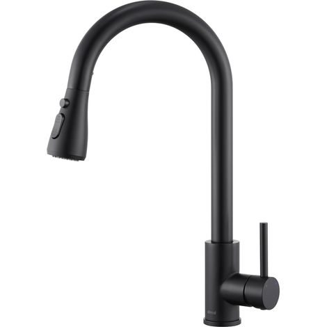 Robinet mitigeur de cuisine noir, 3 modes de réglage, robinet extractible pour évier, bec pivotant à 360°, acier inoxydable 304