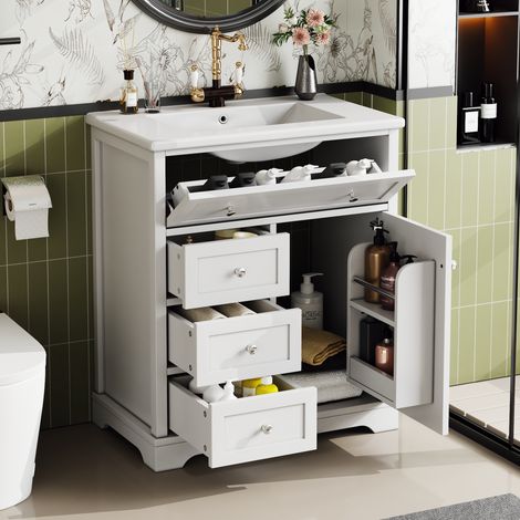 Meuble de salle de bain autonome 76x46x87cm avec lavabo, meuble sous vasque, peinture résistante à l'humidité, glissière de tiroir silencieuse, cadre de porte, tiroir rabattant, lavabo en céramique, B