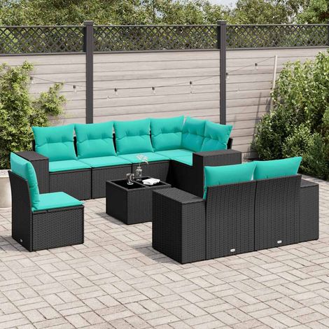 9-teiliges Gartensofa-Set mit Kissen, schwarzes Polyrattan (1/5)