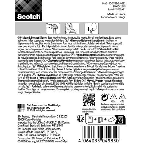 Lot de 2 patins glisseur Move & Protect Scotch®, adhésif, gris, Ø 22 mm, 8/paquet -100 kg