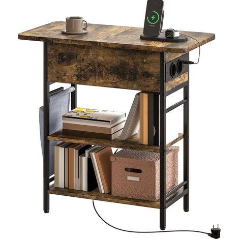 Mesa auxiliar con enchufes, 2 estantes y puertos USB, 60 x 29,8 x 58,5 cm, marrón rústico (1/5)