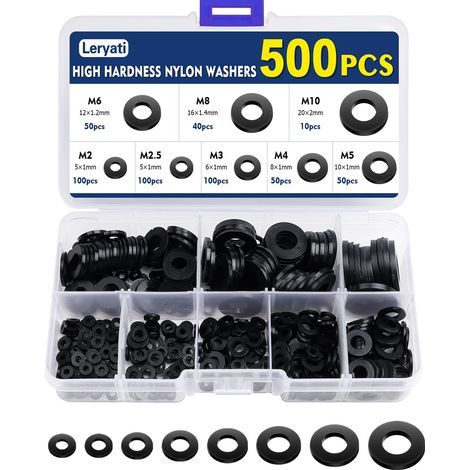 APEX 500 Stück Kunststoffscheiben, Leryati Schwarze flache Nylonscheiben Isolierrunde Flachdichtung, Kunststoff-Distanzring-O-Ring-Sortiment für Sanitärinstallationen – M2/M2,5/M3/M4/M5/M6/M8/M10 (1/5)