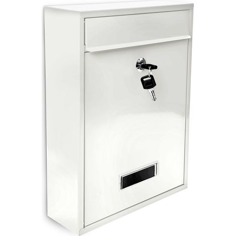 Relaxdays Mailbox / Letterbox made of Metal, Hinged Lid with a Name Plate + 2 Keys, HxWxD: 26.5 x 35 x 8.5 cm, White (1/5)