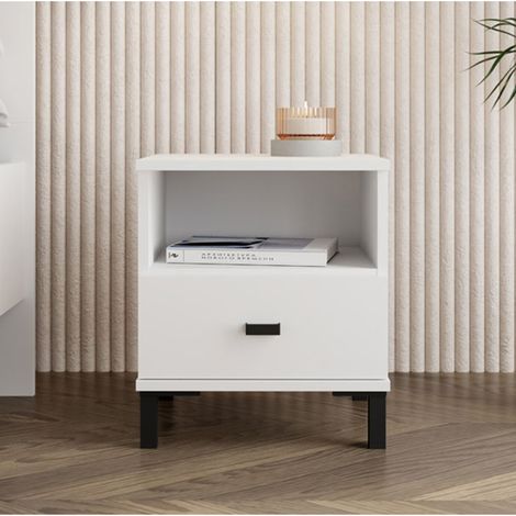 Comodino Ghadam, un Cassetto, 2 Ripiani, Apertura Scorrevole, 39x35x45h cm Bianco Opaco (1/5)