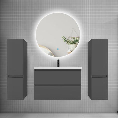 Ensemble meuble de salle de bain et lavabo anthracite (L.80cm) 2 tiroirs + meuble haut2 + lavabo + miroir rond LED
