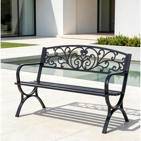 Banco de jardín exterior 127x60x85 cm de acero y hierro fundido negro, 2 plazas – MEUBLIV (1/5)
