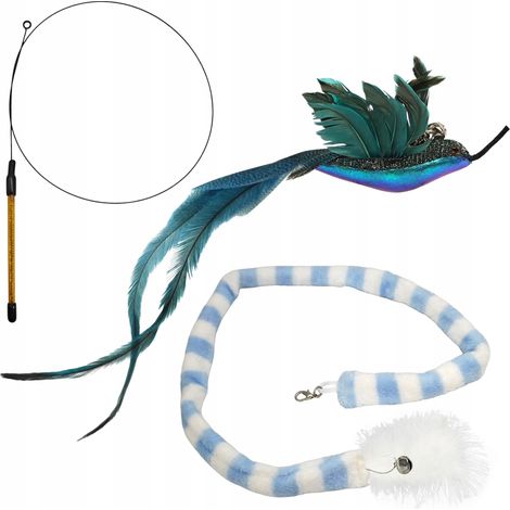Canne à pêche pour chat, 2 jouets interchangeables, clochette et plumes pour queue de colibri, ensemble (1/5)