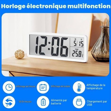 Horloge Numerique Murale - LCD 20 cm - Affichage Date Température - 12 24 Heures - Alimentation Piles - 1 Piece (1/5)