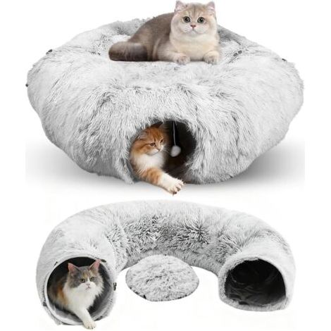Tunnel pour chat - Grand jouet pour chat - Tunnel pour chat en peluche avec espace de couchage - Lit doux pour chat avec balle de jeu - Jouet d'intérieur - Tunnel pliable pour chat (1/5)