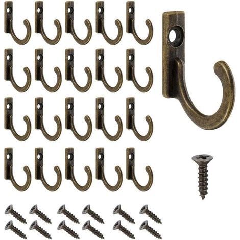 Set mit 20 Vintage-Wandhaken aus Bronze inklusive Schrauben – Kleine Schraubhaken für Kleiderschränke, z. B. für Schüsseln, Schmuck, Handtücher, Badezimmer und Küche. (1/4)