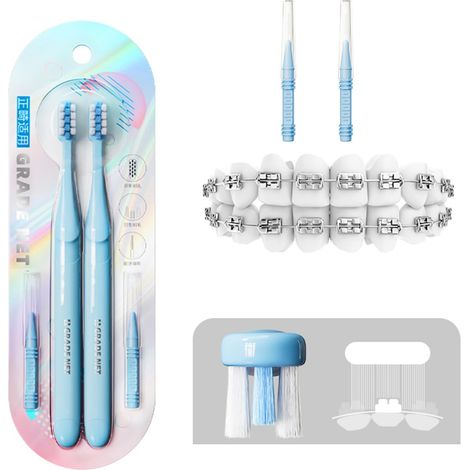 Orthodontic V-Shaped Toothbrush, Soft Bristles in PBT, Pack of 4 (2 Dental Appliance Brushes + 2 Interdental Brushes) for Cleaning Rings, Brackets and Aligners - Blue (1/5)