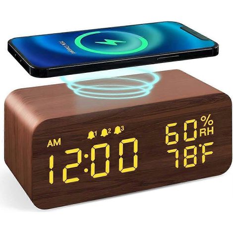 Réveil avec affichage de la température et de l'humidité, chargement sans fil, réveil en bois, veilleuse numérique LED intelligente, réveil LED à commande vocale, bois noir. (1/4)