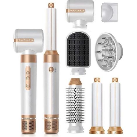Ensemble de coiffure 7 en 1 avec sèche-cheveux haute vitesse 110 000 tr/min, diffuseur, brosse à air chaud, boucleur, brosse lissante et thermique, 1400 W (1/2)