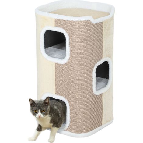 Tiragraffi a forma di botte, albero per gatti, 3 livelli, robusto, morbido peluche, nascondiglio, beige (1/5)