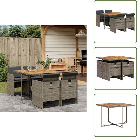 The Living Store Set da Pranzo da Giardino 5 pz con Cuscini in Polyrattan Grigio - Sedie da giardino