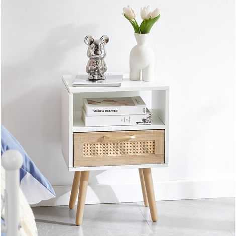 Comodino 40x30x55 cm bianco e naturale in MDF con intreccio effetto rattan, 1 cassetto e gambe in legno massello (1/5)