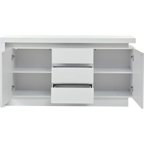 Buffet blanc laqué avec LED, 2 portes, 3 tiroirs et étagères réglables, 140x35x72 cm (1/5)