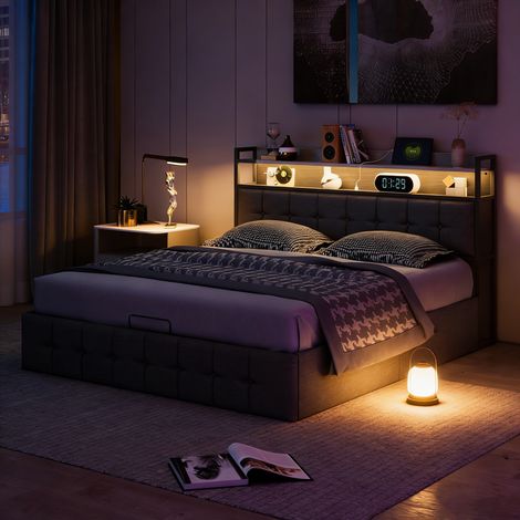 Lit coffre double adulte 140x190 cm avec rangement hydraulique, tête de lit avec rangement, ports USB, éclairage LED, similicuir noir