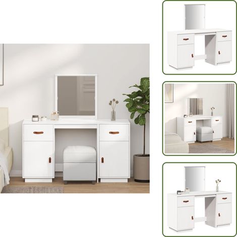 The Living Store Set Toeletta con Specchio Bianco in Legno Massello di Pino - Tavolo da trucco
