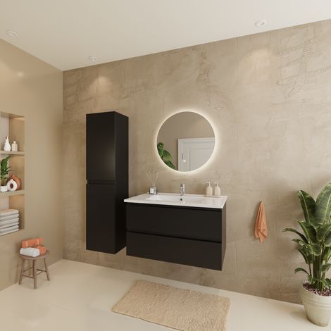 Ensemble Meuble Vasque 80 Cm Avec Colonne - Noir Mat - Lavabo (1/5)