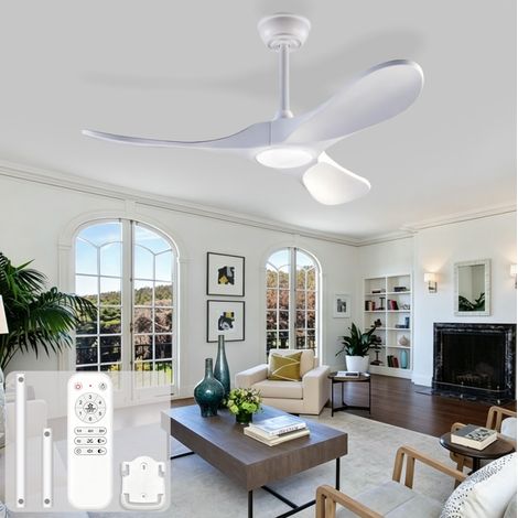 Ventilateur plafond 107x107x30 cm bois blanc LED silencieux pour chambre – MEUBLIV (1/5)