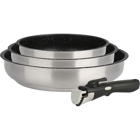 KAMBERG Set di pentole Set pentole 4 pezzi, Acciaio inossidabile, Rivestimento in Pietra, Tutti i fuochi tra cui induzione, Manico rimovibile, Senza PFOA, Grigio (1/3)
