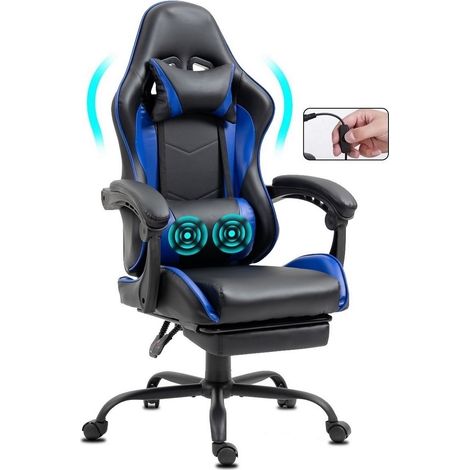 Chaise Gaming ergonomique avec repose-pieds et massage bleu