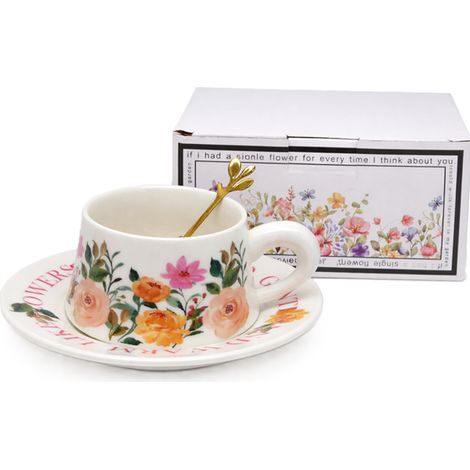Tazza gigante da 300 ml con piattino, decorata con fiori e rose, e cucchiaino dorato. (1/4)