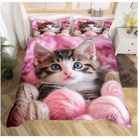 Chat Mignon Ensemble de literie Fille Chat Rose Parure de Lit Enfants Animaux thème Réversible Housse de Couette 200x200cm - FTR