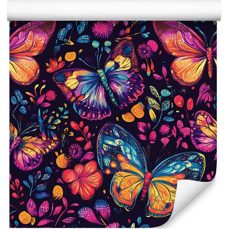 Papier peint papillons colorés bleu marine et prune pour salon et chambre 50x1000 cm (1/5)