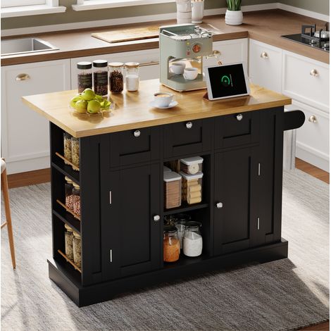 MEUBLIV isla de cocina 132x70x87 cm natural y negro con tablero abatible y almacenaje (1/5)