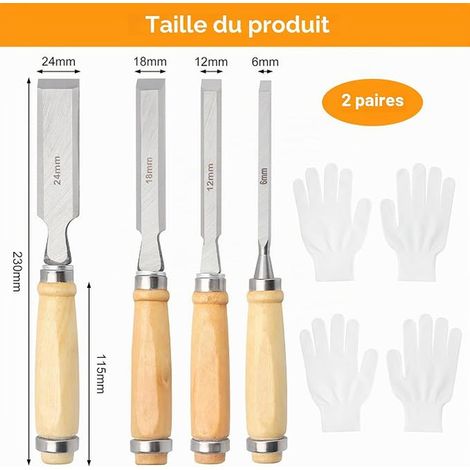 Wood Chisels 6, 12, 18, 24 mm Handle for DIY, Gloves and Carry Bag (1/3)
