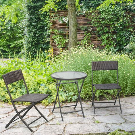 Set di mobili da giardino con sedie pieghevoli e tavolo in vetro per terrazzo e patio, colore marrone. (1/5)