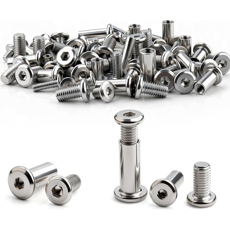 Lot de 50 vis de connexion M6 x 35 mm (25 écrous à douille et 25 vis à douille) en acier inoxydable A2 V2A, connecteur d'armoire M6, pour meubles, revêtements en bois, garde-robe (1/5)