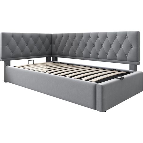 Letto a divano 90x200 cm in velluto grigio con contenitore idraulico e rete a doghe, senza materasso (1/5)