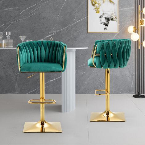 Set di 2 sgabelli da bar girevoli a 360° in velluto - Sgabelli da bar scandinavi, con schienale e poggiapiedi intrecciati, altezza regolabile - Verde (1/5)