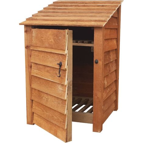 Wooden log store, with door and kindling shelf (W-79cm, H-126cm, brown finish)