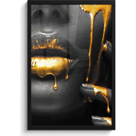 AFFICHE ENCADRÉE Femme - Noir - Or - Visage - Lèvres Cadre Décoration Murale 40x60 (1/5)