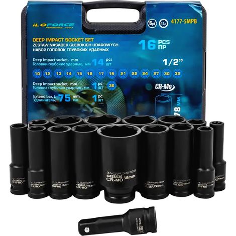 Iloforce 1/2" Tiefbett-Schlagschrauber-Steckschlüsselsatz, 16-teilig + Koffer (1/5)