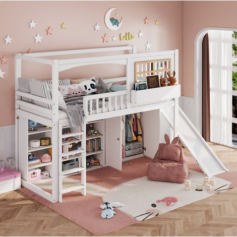 MEUBLIV Etagenbett 90x200 cm Weiß/Natur – mit Rutsche und Kleiderschrank, ohne Matratze (1/5)