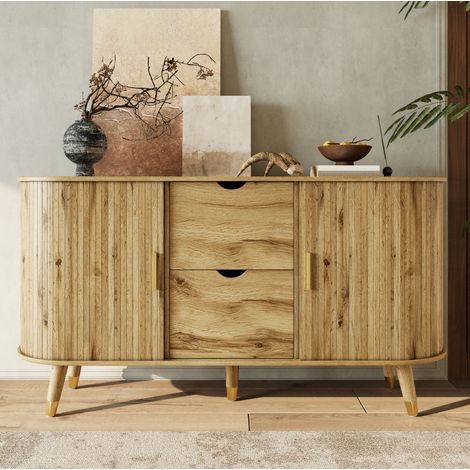 Sideboard mit Schiebetüren und 2 Schubladen, 140 x 40 x 79,5 cm, MDF in Holzoptik (1/5)