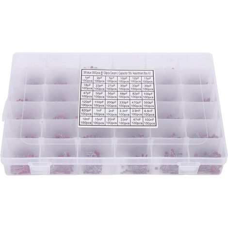 Kit de boîte de classement 3600 pièces condensateurs céramique 36 spécifications en ligne 1pF à 100nF 50V (1/5)