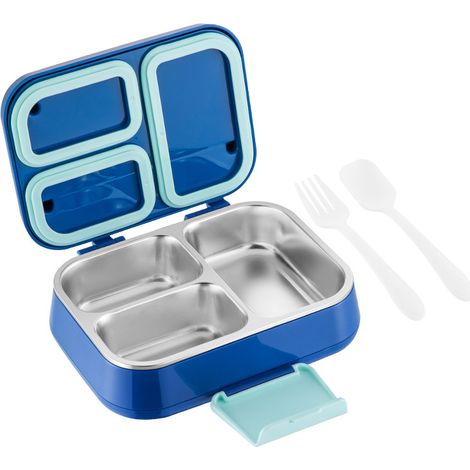 Bento Box per Bambini in Acciaio Inossidabile a Doppio Strato, Lunch Box in Acciaio Inossidabile 304 a Tenuta Stagna con 3 Scomparti, Contenitore per Alimenti Rosso-Rosa per Scuola e Ufficio (Blu) (1/5)