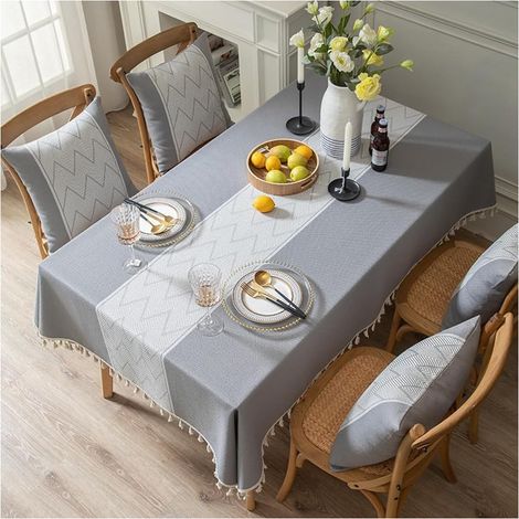 Tischdecke aus Baumwollleinen mit Fransen für Küche, Esszimmer und Tisch, maschinenwaschbar, Grau, 140 x 180 cm