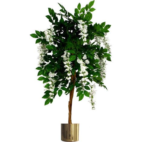 130cm Luxury Artificial Wisteria Tree White Flowers - Premium Range Gold Metal Planter (1/5)