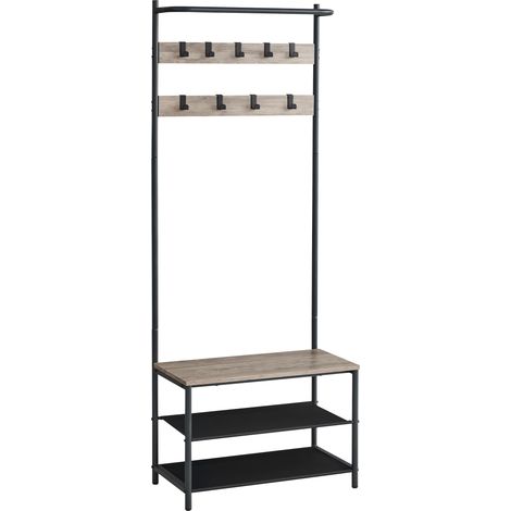 Meuble d’Entrée, Porte-Manteaux, avec Banc et Étagère à Chaussures, 9 Crochets Amovibles, Tringle, 32,2 x 64 x 180 cm, pour Entrée, Chambre, Style Industriel, Grège et Noir HSR411B02 (1/5)