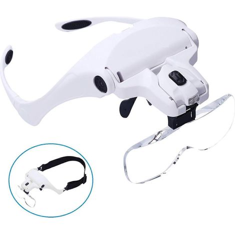 Casque loupe binoculaire avec lampe LED frontale et serre-tête réglable, 5 verres de rechange interchangeables pour travaux de précision (1/5)